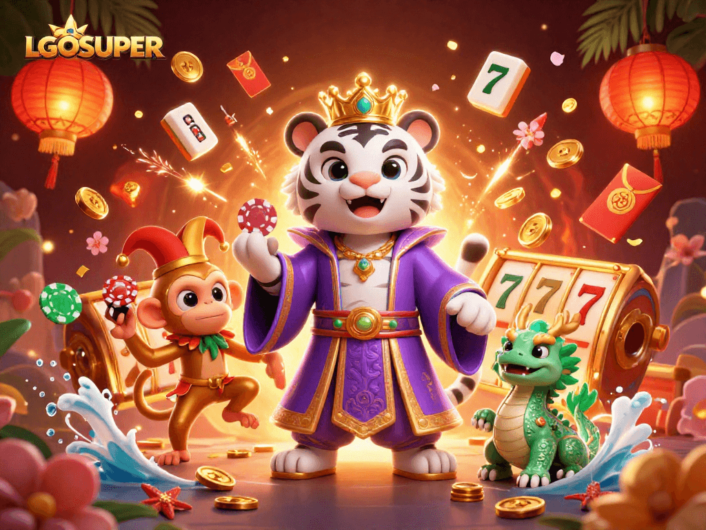 Experience the excitement of LGOSUPER with a vibrant scene of a tiger, monkey, and dragon amid casino elements.