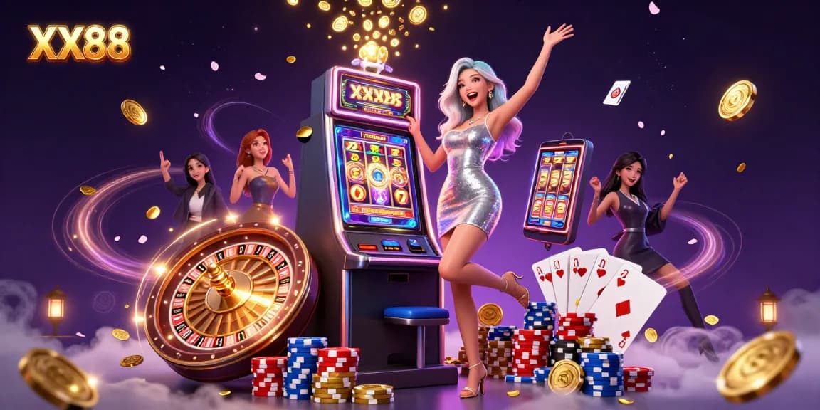 Win big with XX88 while celebrating a jackpot at a lively casino scene.