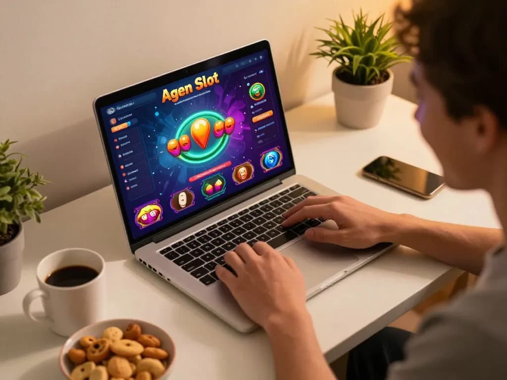 Person enjoying Agen Slot online gameplay on a sleek laptop, displaying vibrant interface with warm lighting.