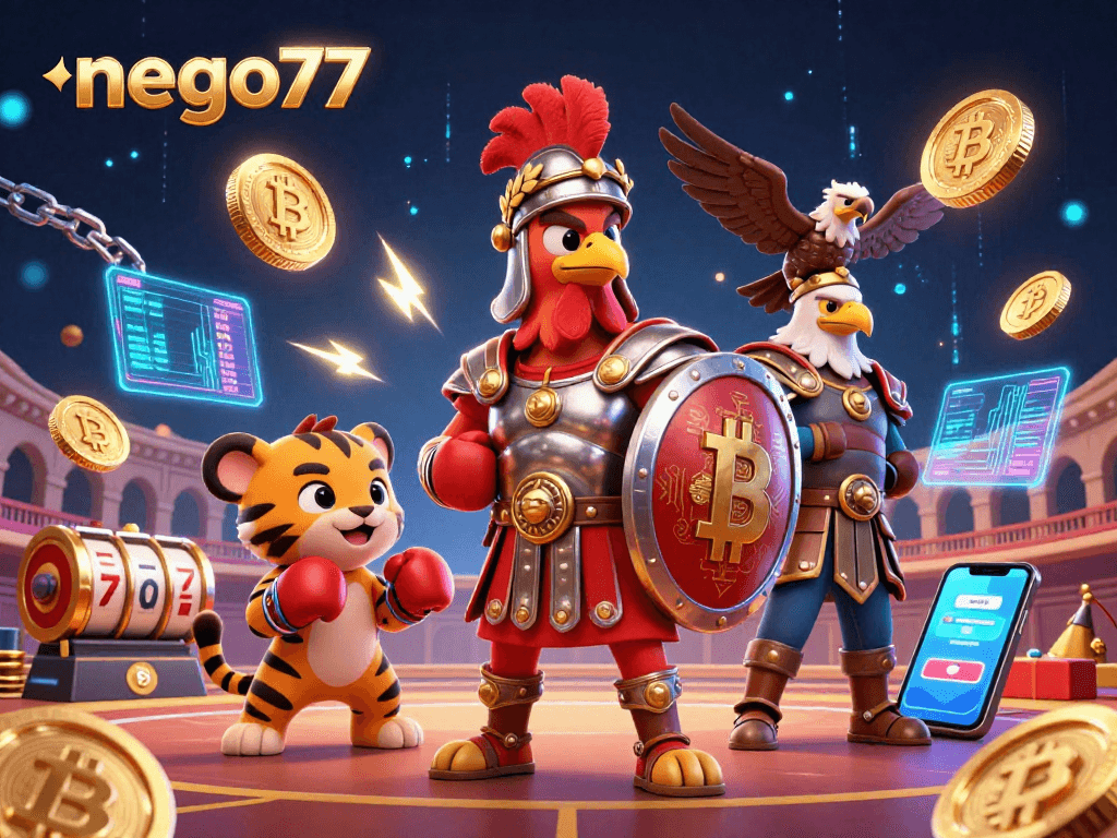 Nego77 promotes exciting slots and jackpots featuring a cinematic gladiator rooster in action.