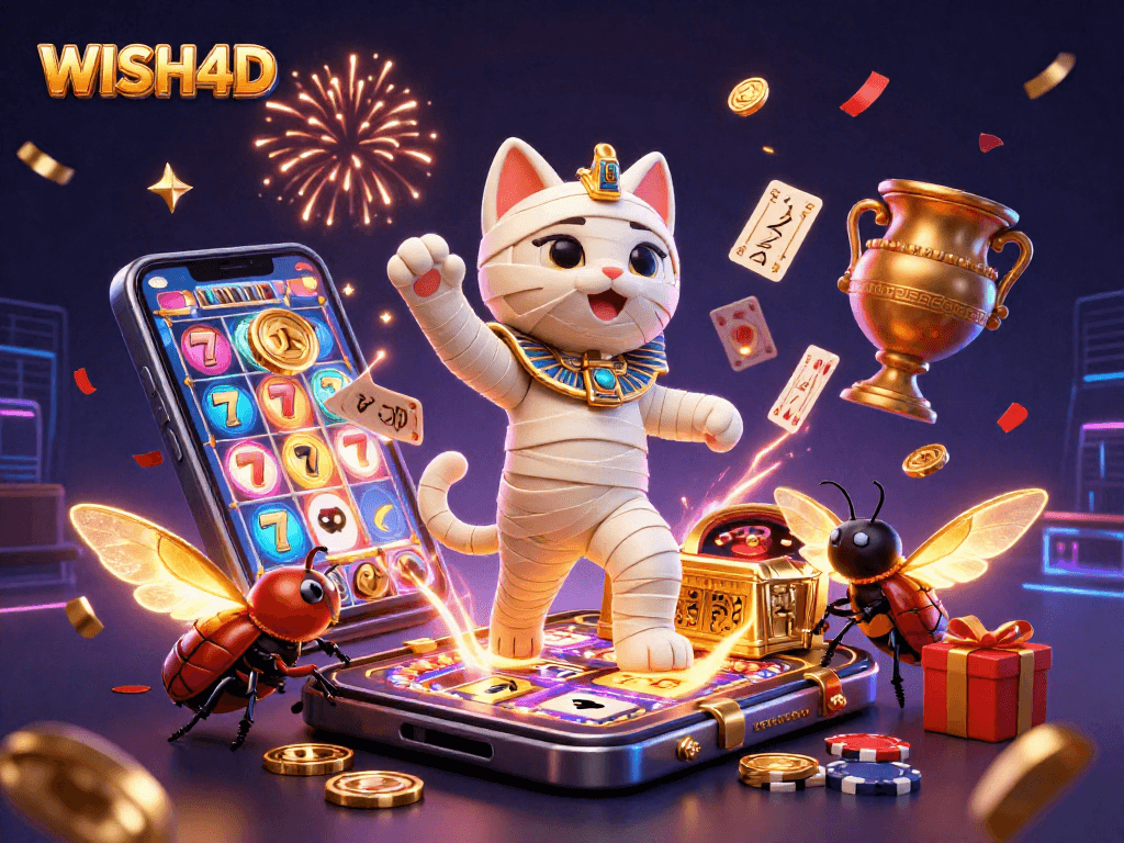 Engage with WISH4D through a vibrant casino scene featuring an Egyptian mummy cat, scarab beetle, and dynamic gaming elements.