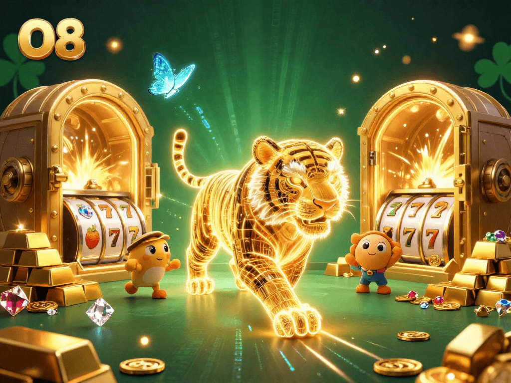 Engage with O8's vibrant casino atmosphere featuring a golden tiger and shimmering slot reels.