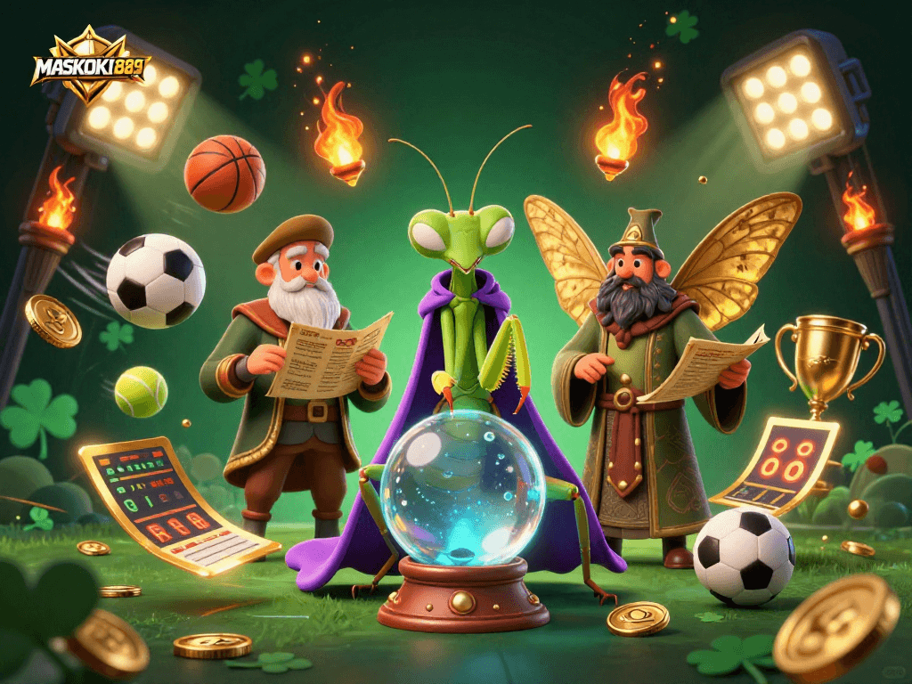 Experience the excitement of MASKOKI889 with a fortune teller, moth librarian, and dynamic sports elements.