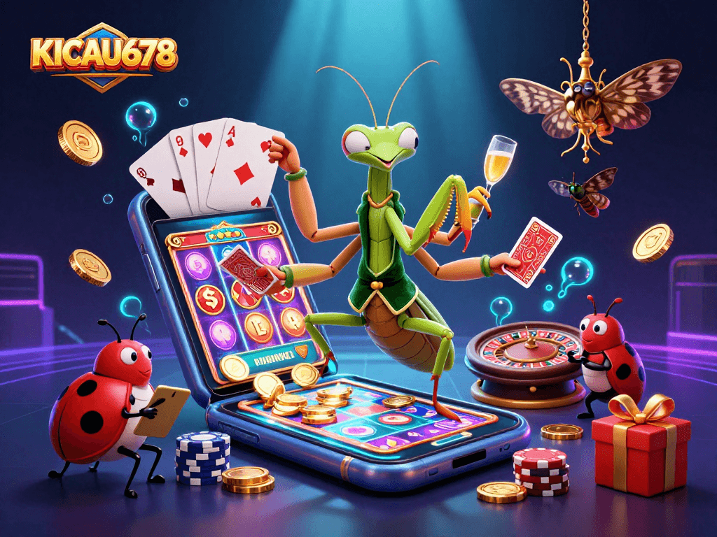 KICAU678 offers thrilling gameplay with a vibrant casino scene featuring a mantis dealer, slots, and cascading coins.