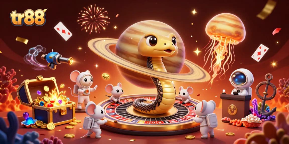 Experience the excitement of tr88 with vibrant 3D casino elements and playful characters in a unique cosmic scene.