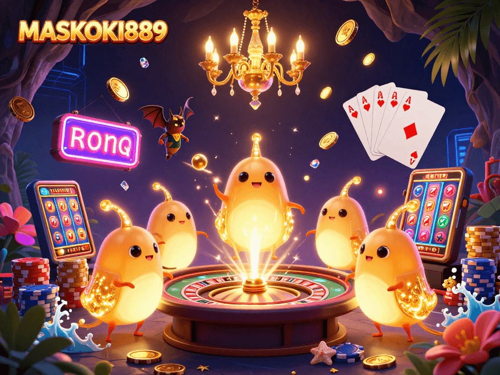 Experience thrilling gaming adventures at MASKOKI889 with a vibrant cave casino environment full of action.