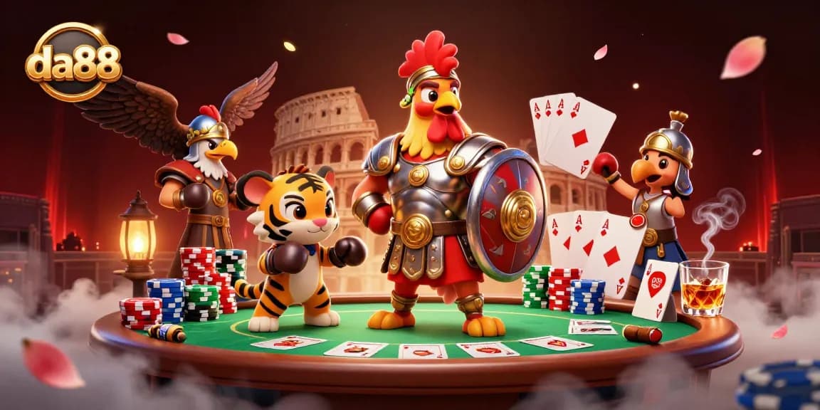 Engage with da88's vibrant casino scene featuring a gladiator rooster and poker elements.