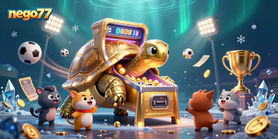 Experience the excitement of nego77 with a golden tortoise pinball machine and vibrant sports betting elements.