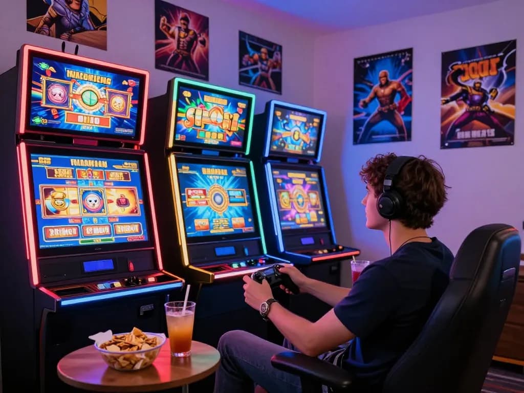 Engaging gaming scene with a player enjoying vegasslot77.com slot machines at home.