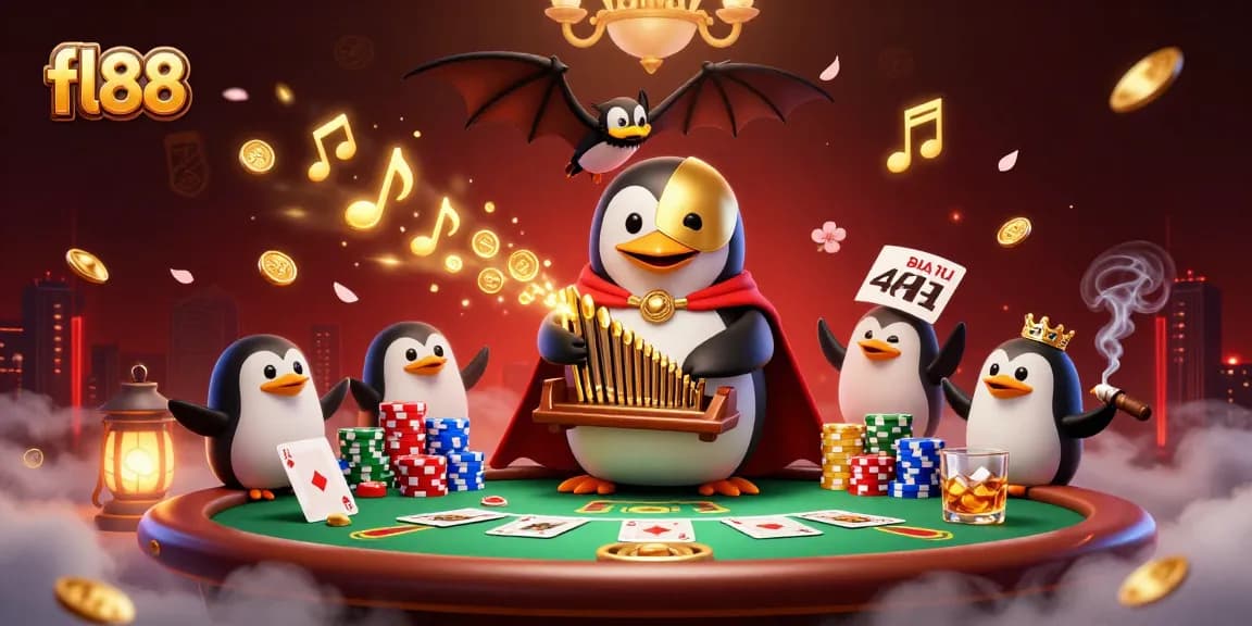 Experience fl88's vibrant casino atmosphere with a penguin organist and dynamic poker action.
