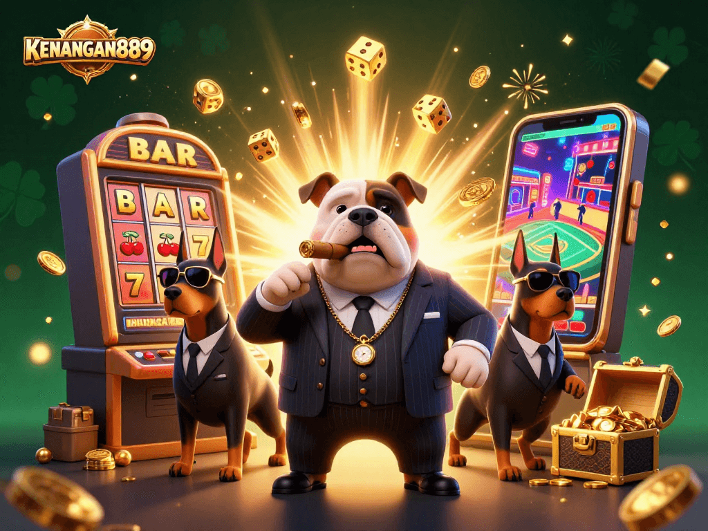 Players spin for jackpots at KENANGAN889 with vibrant slots and casino elements in a dynamic 3D scene.