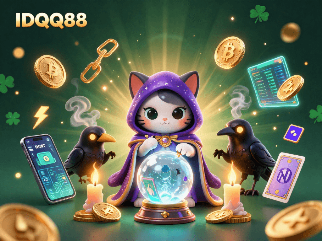 Engage with IDQQ88's mystical universe featuring a fortune teller cat and glowing cryptocurrencies.