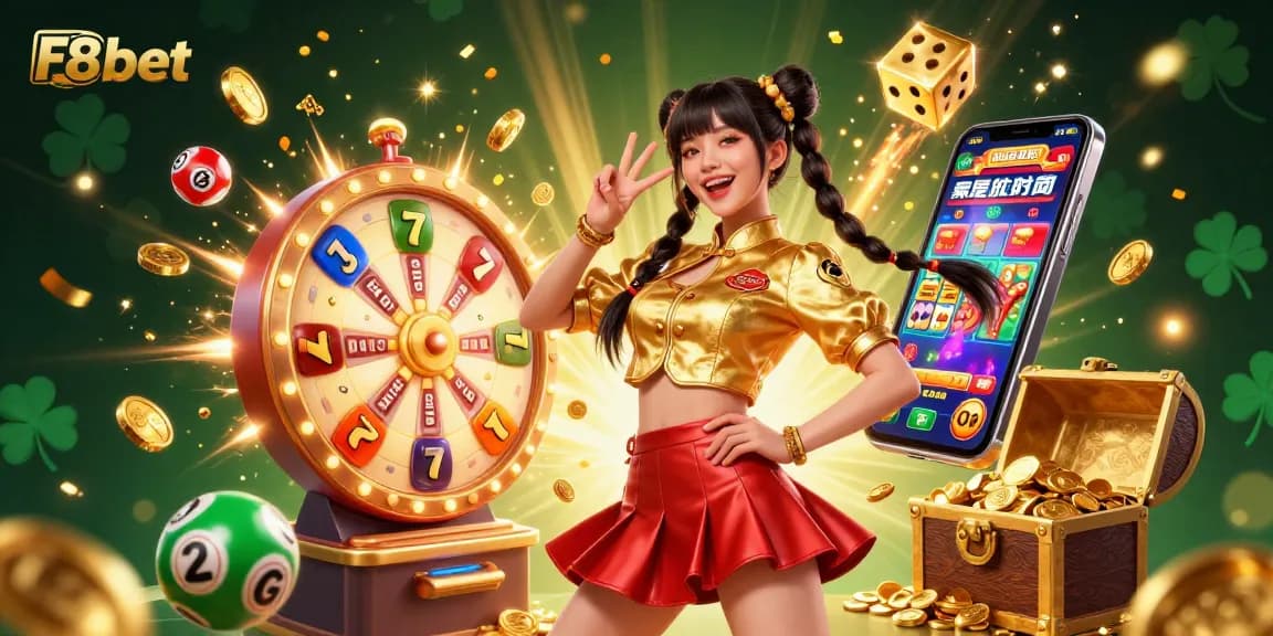 Engage with the thrilling games at F8bet, where a stunning Asian woman showcases vibrant lottery elements and exciting jackpots.