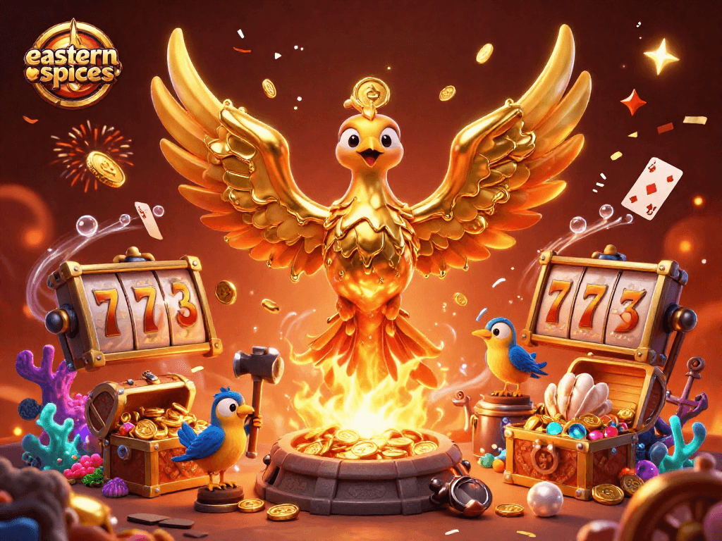 Experience excitement at easternspices with a casino tableau featuring golden phoenix, jackpot symbols, and vibrant treasures.
