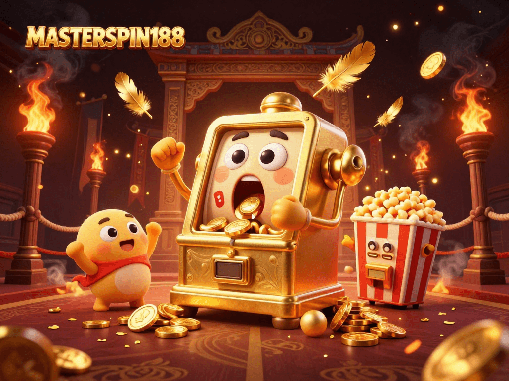 Experience the excitement of MASTERSPIN188 as a golden slot machine hits a jackpot, coins pouring everywhere.