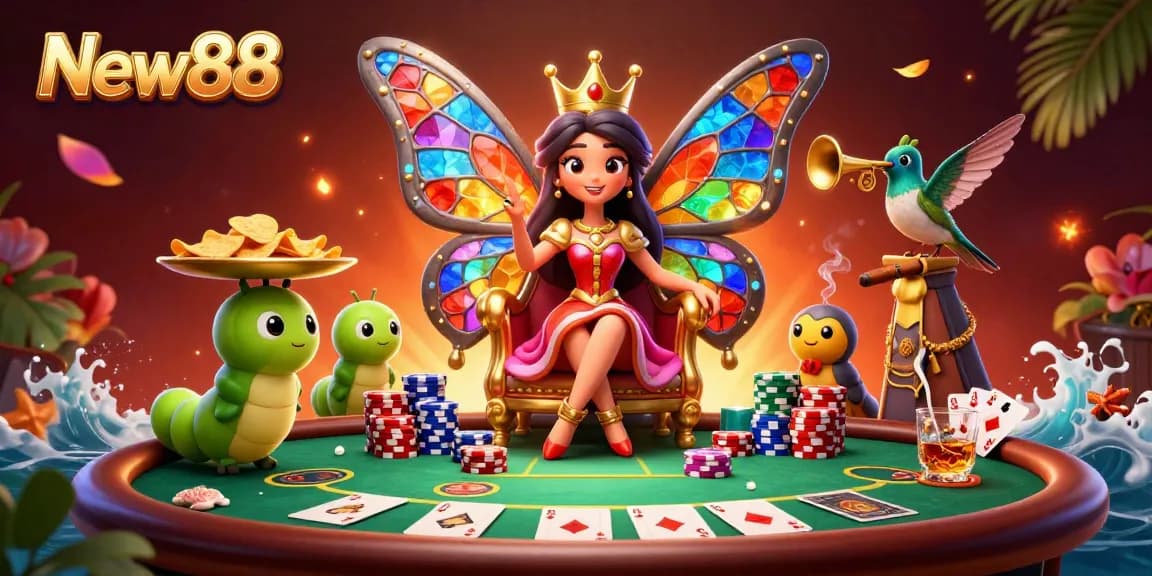 Experience thrilling poker action at New88 with vibrant characters and rich casino elements.