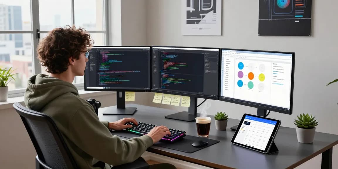 Build internal tools with AI in a modern coding workspace featuring multiple monitors and a cozy atmosphere.