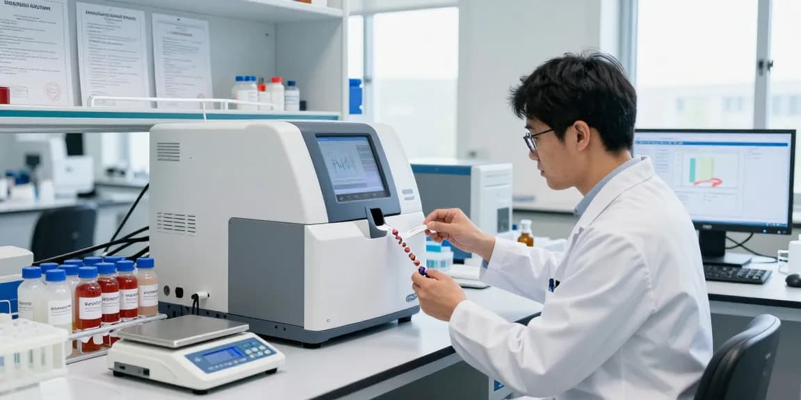 Researcher analyzing Canadian research peptides in a modern lab with HPLC machine and certificates of analysis.