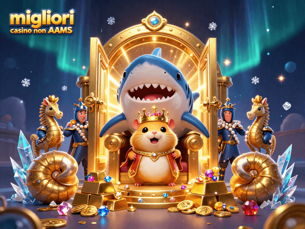 Immagine dei migliori casino non AAMS con un re criceto dorato al trono e tesori scintillanti.