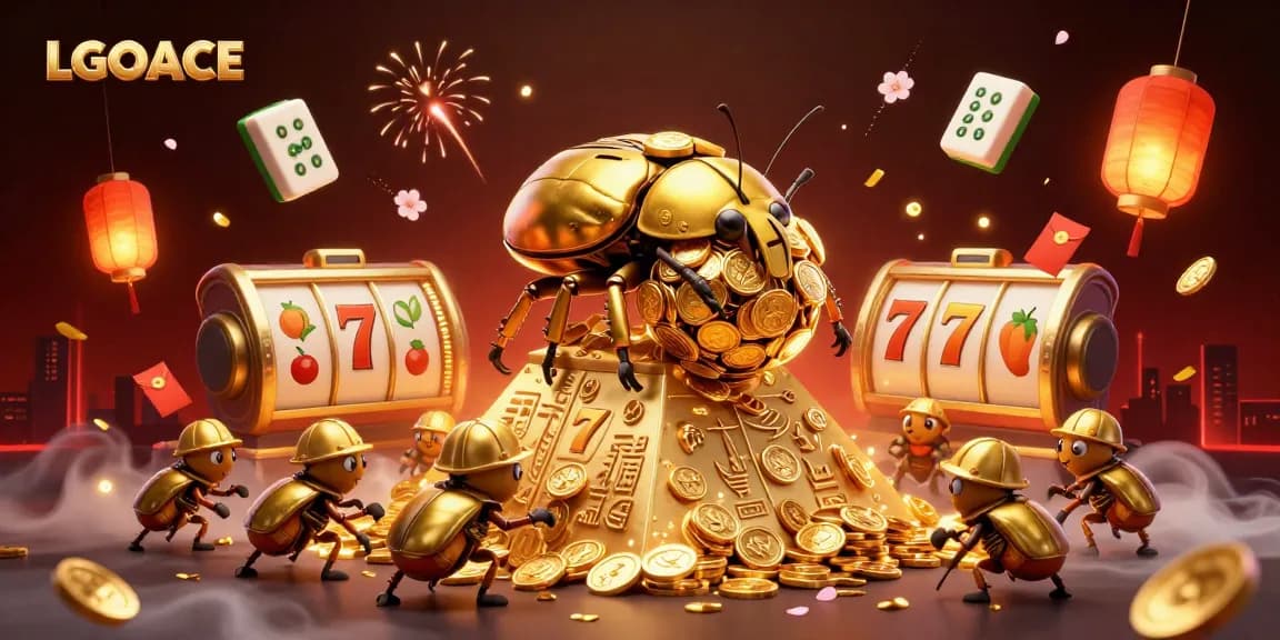 LGOACE showcases a dynamic casino scene with golden beetles and colorful game elements.