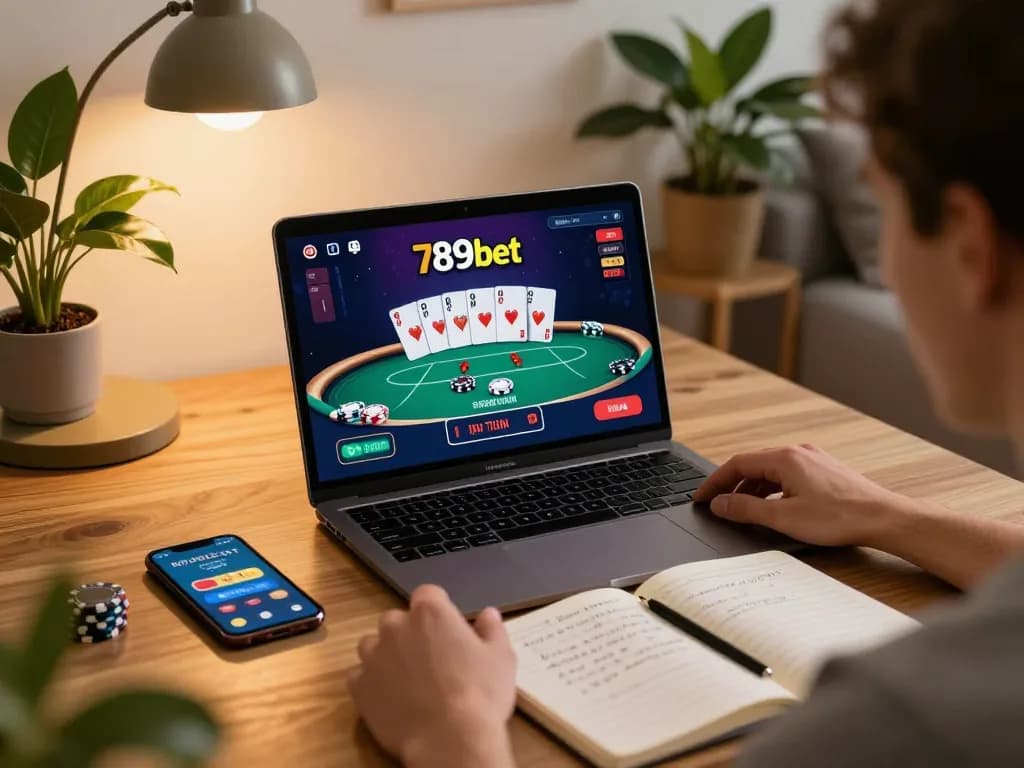 Engaged user playing poker on 789bet in a cozy home setting with strategies visible.