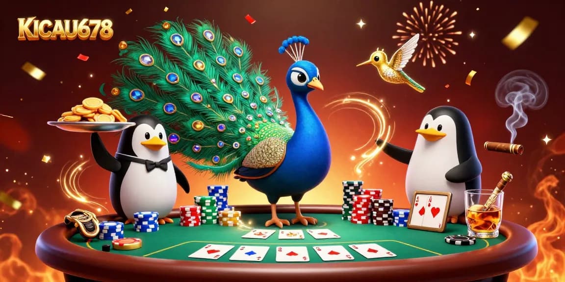 KICAU678 showcases an elegant scene with a peacock and penguin among vibrant gambling elements.