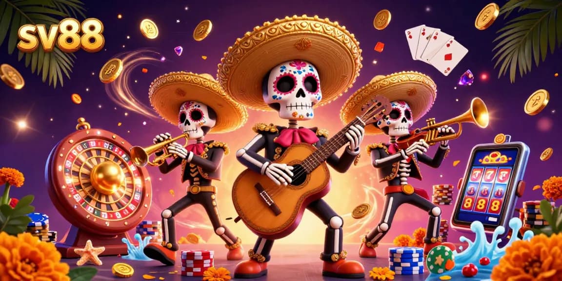 Experience excitement at sv88 with a lively 3D illustration of a mariachi band amidst casino elements.