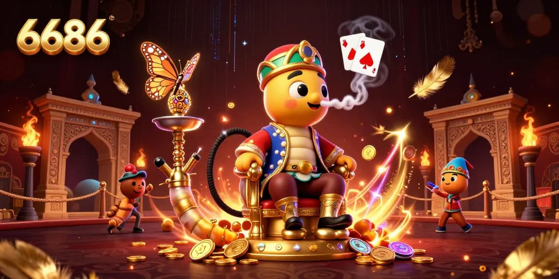 Experience top-tier gaming at 6686 with an eye-catching 3D illustration of a sultan caterpillar mastering luck in poker.