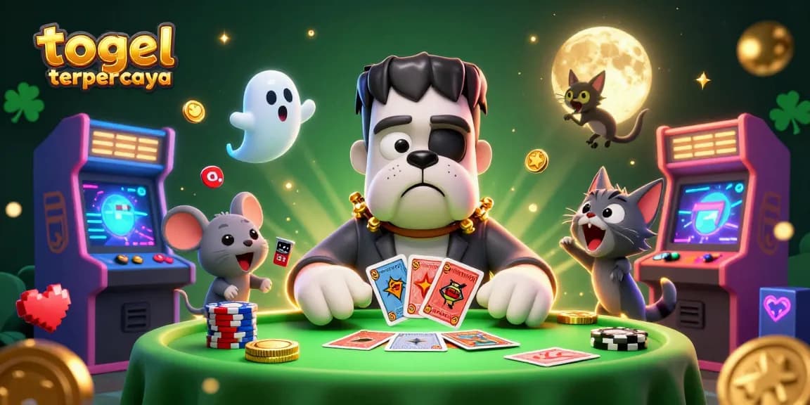 Engage with togel terpercaya in a vivid casino scene featuring cartoon monsters dealing cards amid glowing game elements.