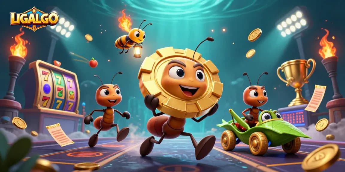 LIGALGO showcases a team of ants in a thrilling casino heist amid slot games and golden trophies.
