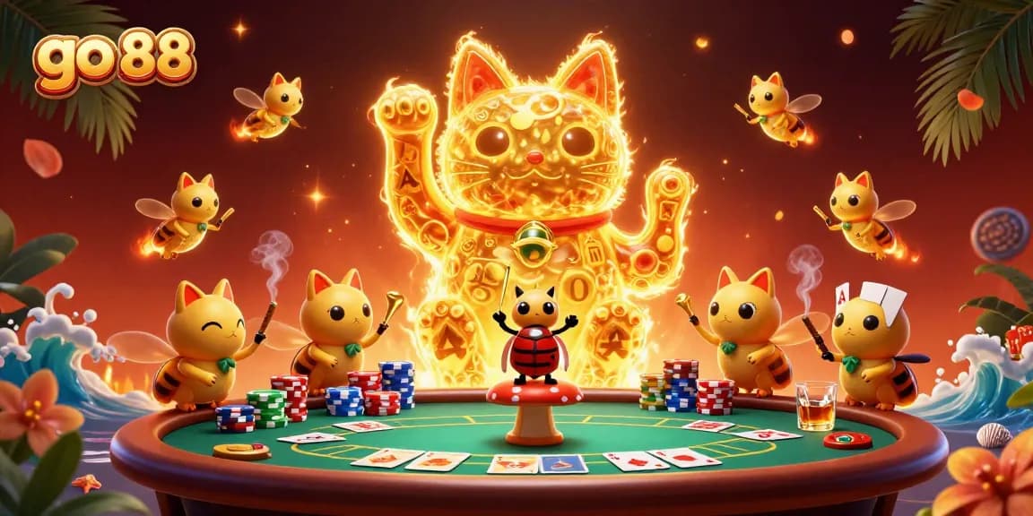 Experience the excitement of go 88 and colorful poker scenes with a lucky cat formation in a vibrant casino illustration.