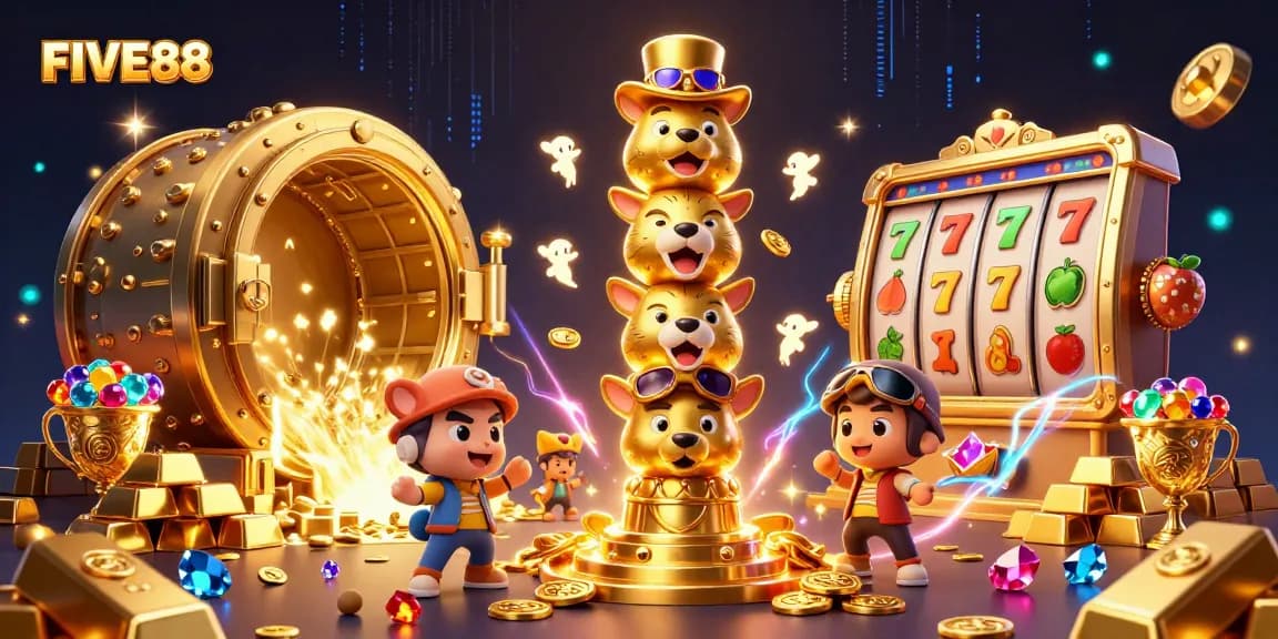 Experience the vibrant casino atmosphere with FIVE88 featuring a golden totem pole and slot symbol elements.