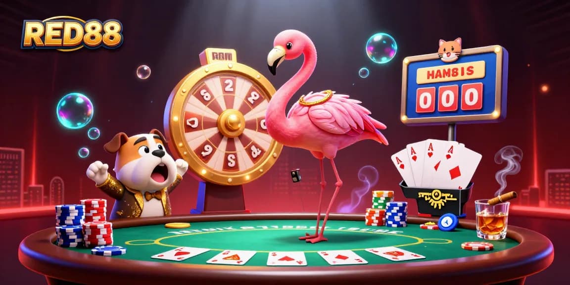 Engaging RED88 gaming scene with a flamingo host, bulldog contestant, and exciting prizes.