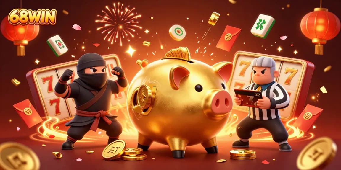 Experience thrilling wins with 68WIN's dynamic 3D casino scene featuring animated characters and vibrant gaming elements.