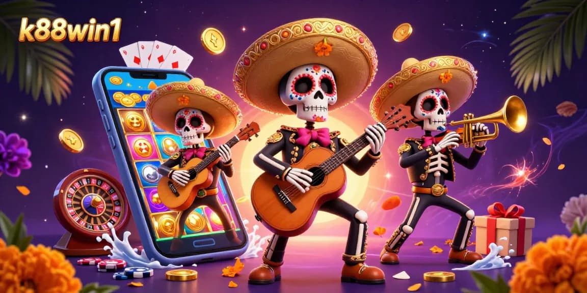 Experience the thrilling atmosphere of k88win1 with a vibrant 3D Day of the Dead casino scene featuring lively characters and game elements.