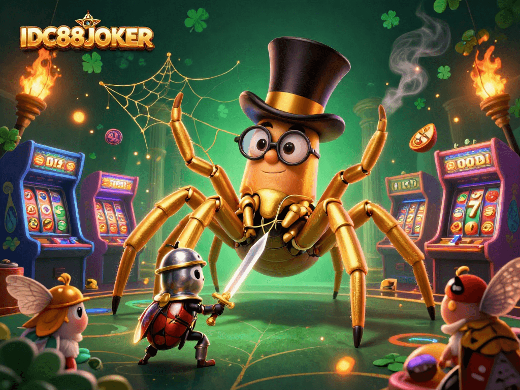 Engage with IDC88JOKER in a vibrant casino scene featuring a golden tarantula and beetle knight.