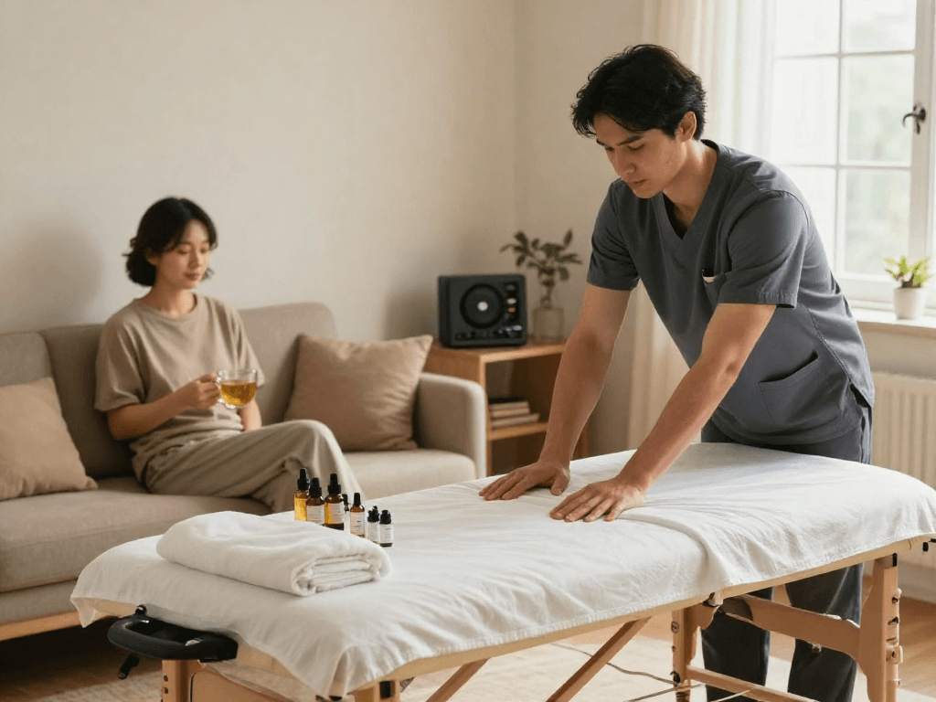출장안마 in a cozy home setting, professional therapist preparing relaxing massage for a client.