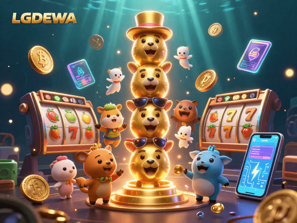 Spin to win with LGODEWA's vibrant 3D illustration featuring animated totem poles and animated slot machine elements.