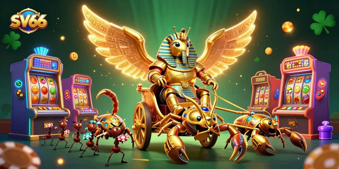 Experience thrilling moments at SV66 with a vibrant 3D casino scene featuring a golden scarab and rich game elements.