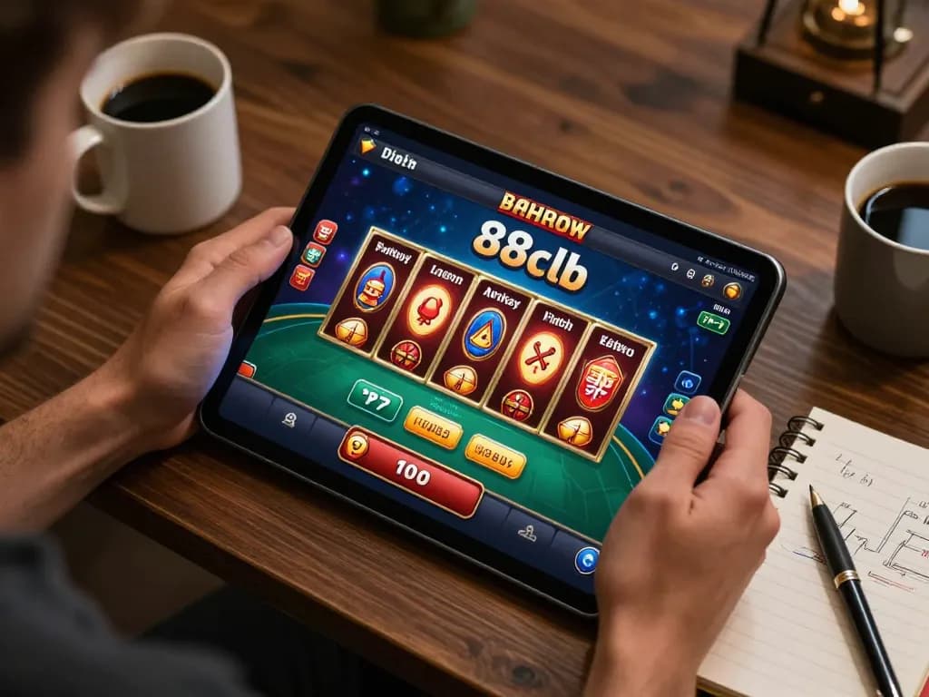 Engaged player enjoying online gaming with the 88clb casino app on a tablet, showcasing a cozy home setup.