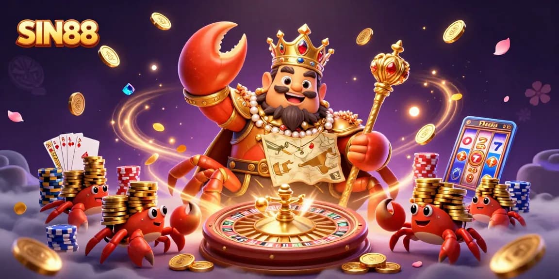 SIN88 showcases a golden crab emperor surrounded by casino elements for thrilling gameplay.