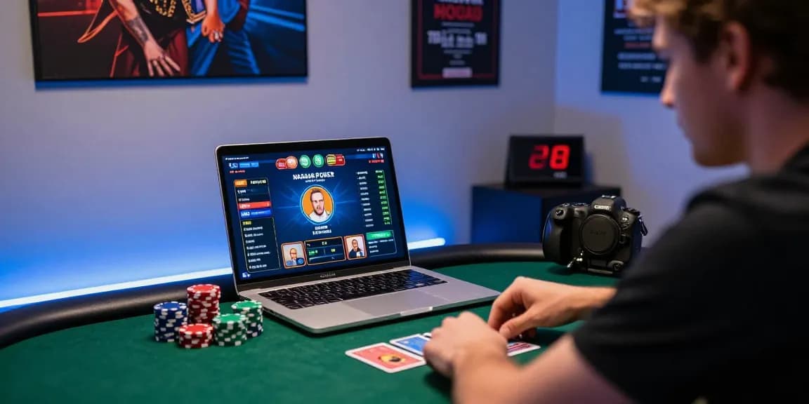 Engaged player in online poker with Nagapoker interface showcasing Daftar Nagapoker excitement in modern home office.