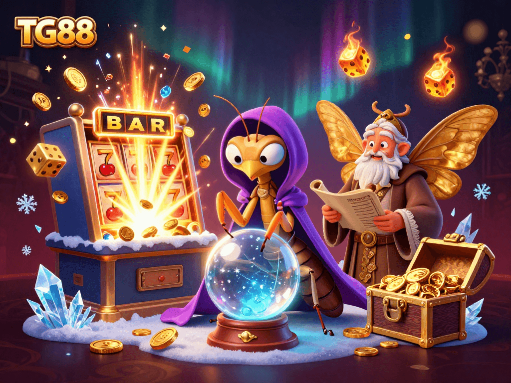 Experience thrilling gameplay with TG88, featuring vibrant slot machines and mystical characters in a casino environment.