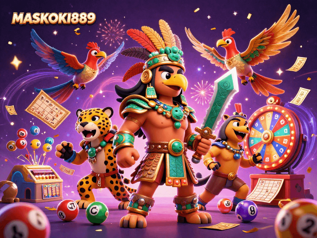 Engage with MASKOKI889 as vibrant lottery elements and warriors celebrate winning opportunities.