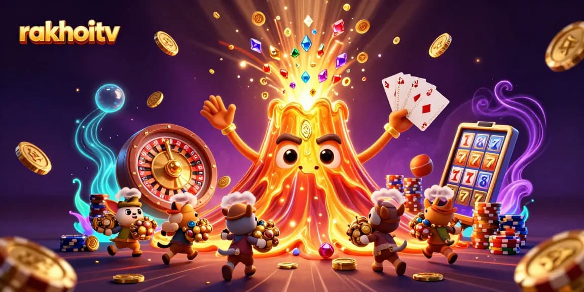 Experience excitement at rakhoitv with a stunning 3D illustration of treasure and gaming elements.