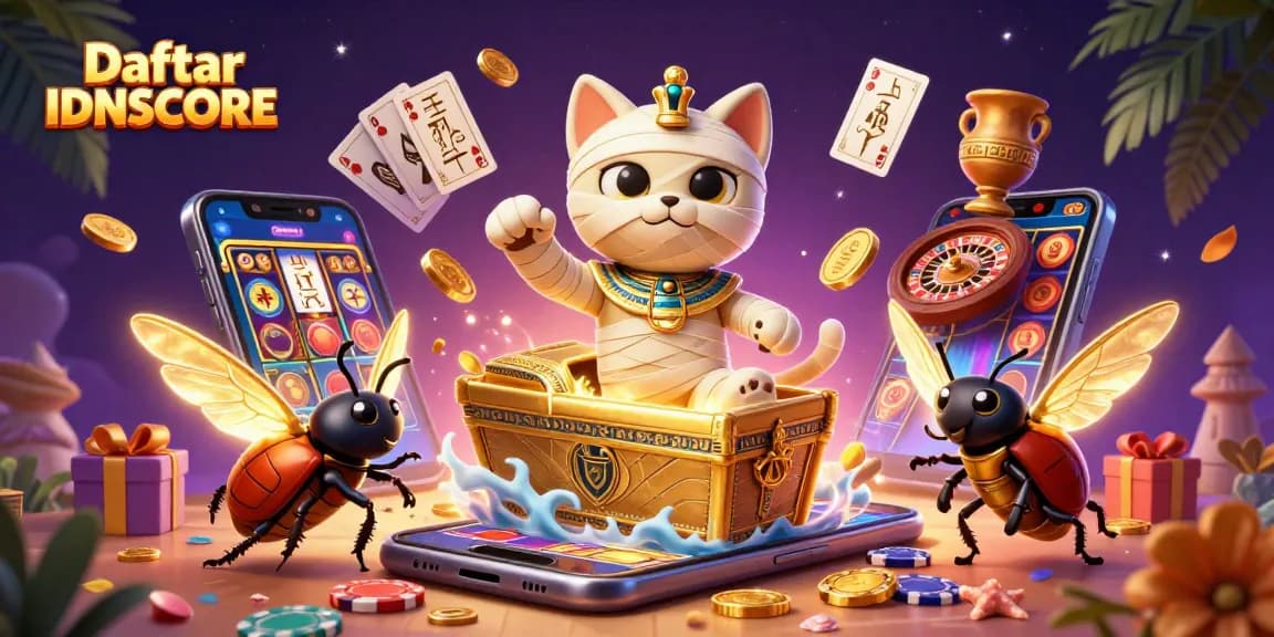 Play slots at Daftar IDNSCORE with Egyptian-themed gaming characters and vibrant casino elements.