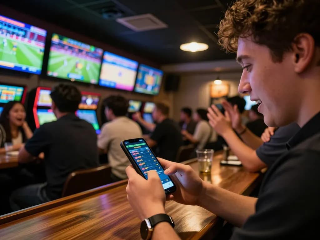 Betting enthusiast using UG DEWA app in a lively sports bar filled with screens