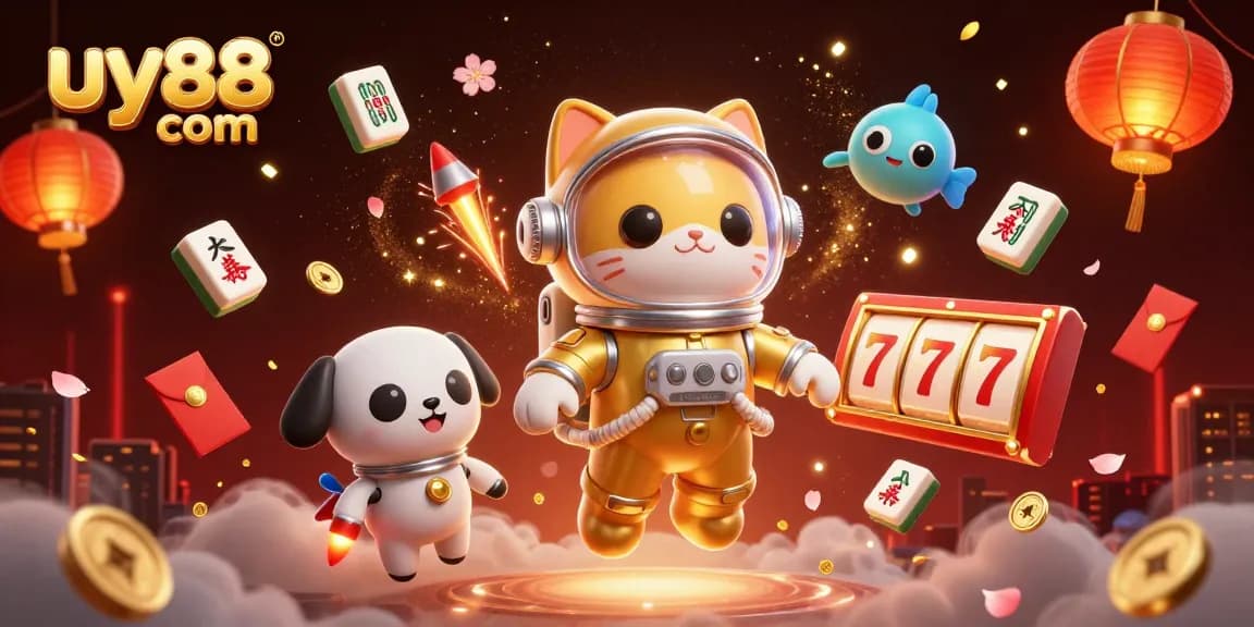Experience thrilling gaming at uy88 com with an astronaut cat and robot dog among vibrant casino elements.