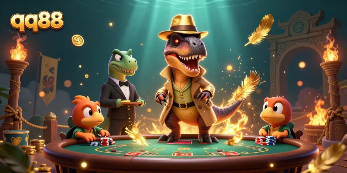 Engage in thrilling blackjack action at qq88, where a velociraptor card counter tries to outsmart a stegosaurus pit boss amidst vibrant casino elements.
