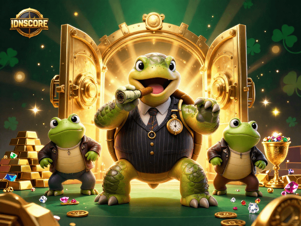 Engage with IDNSCORE’s immersive casino experience featuring a snapping turtle mobster and frog enforcers.